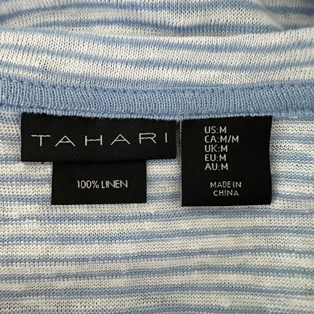 Tahari Blue White 100% Linen Striped Knot Twist Front Tee Size Medium - Picture 10 of 10